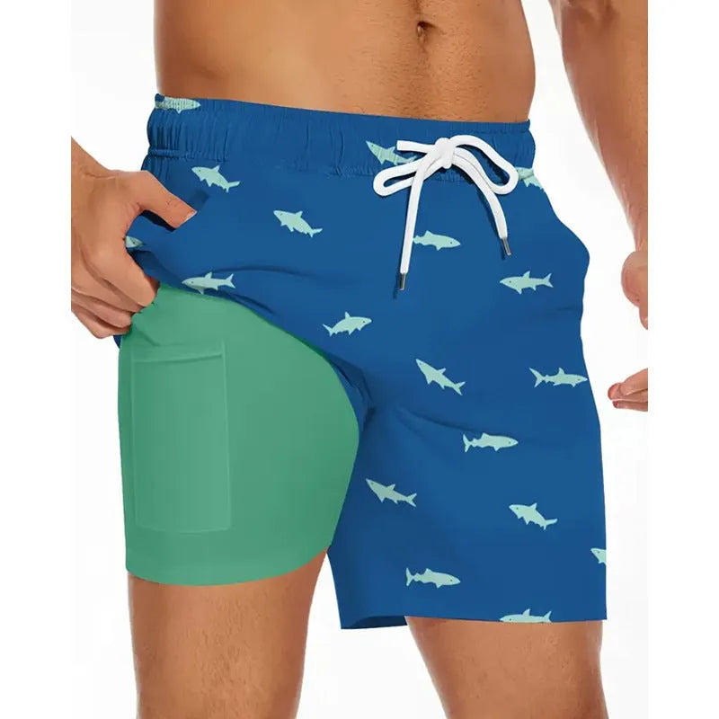 Men's loose-fit polyester beach shorts in a plus size on a neutral background
