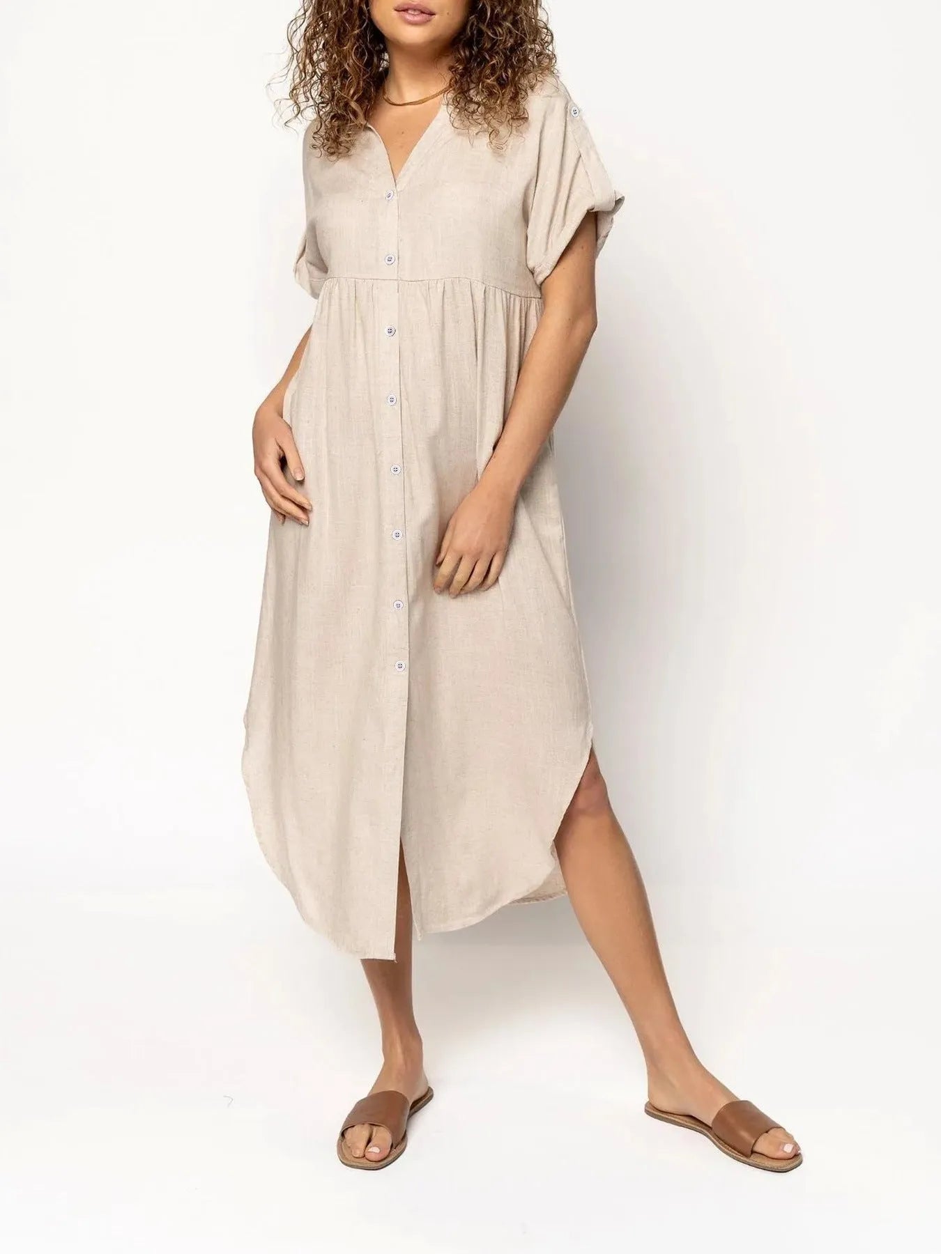 Button-front mid-length casual dress in solid colours with regular sleeves and polyester fabric