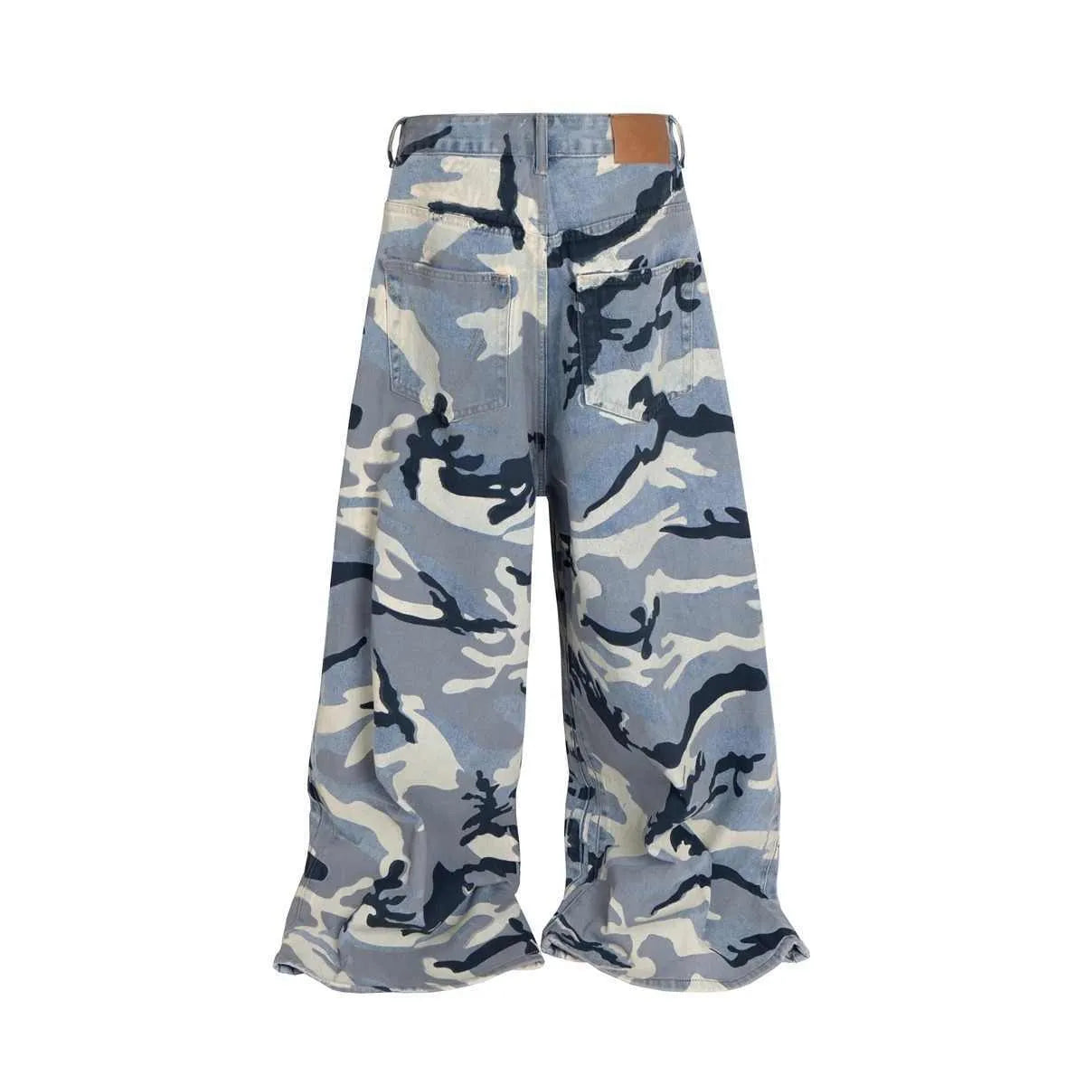 Snow camouflage blue loose fit jeans trousers with cotton elastic denim fabric