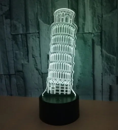 Leaning Tower of Pisa 3D acrylic LED nightlight showing multicolour illumination on black base