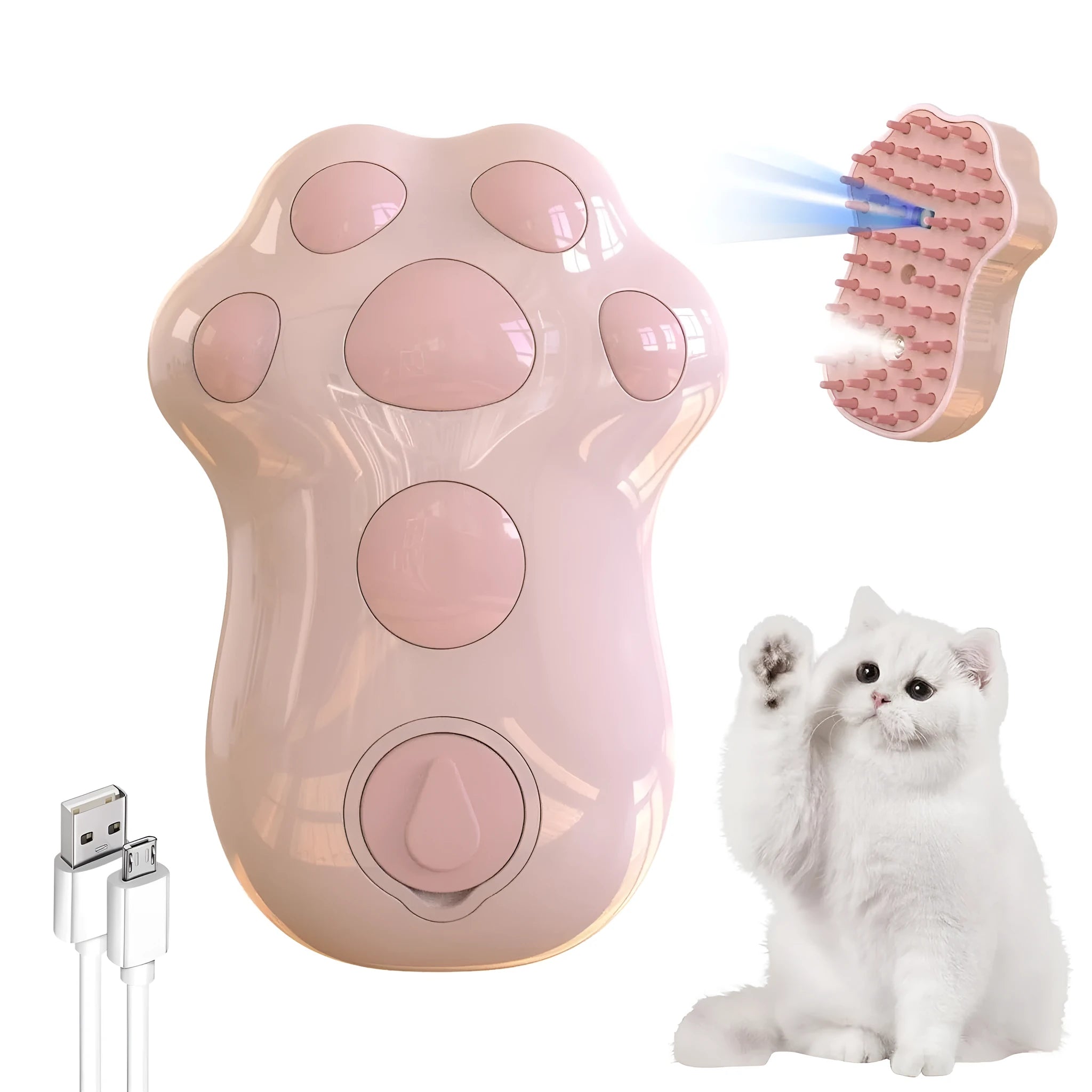 Self-cleaning cat steam brush with silicone brush head and release button for pet grooming