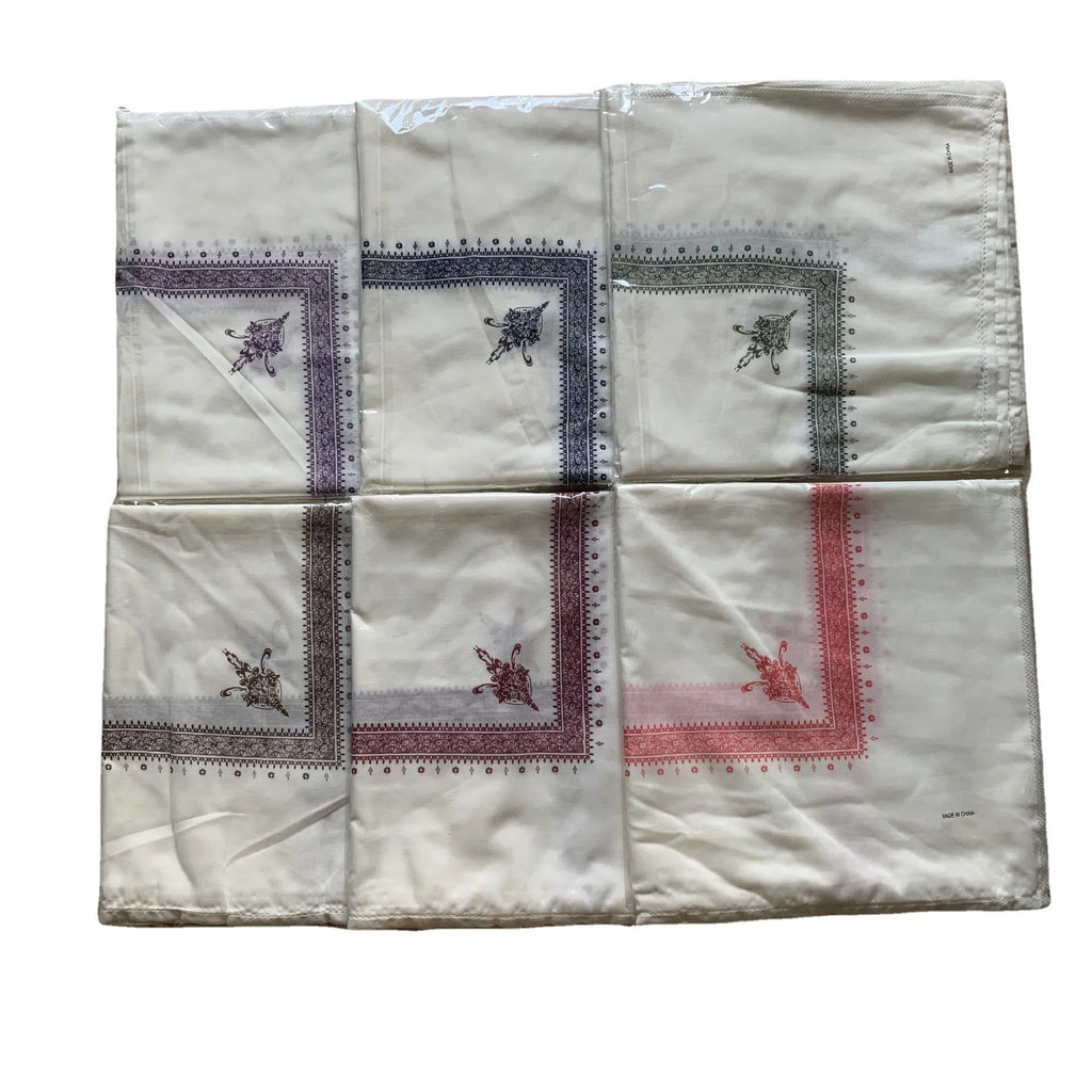 Printed square polyester scarf showing 138cm dimensions and colour options including navy blue and purple