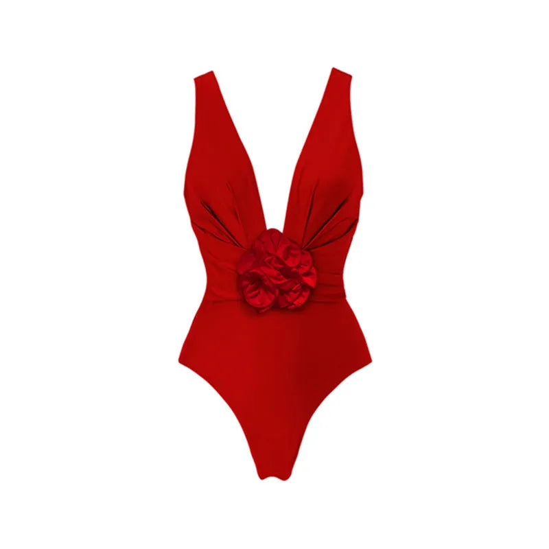 Red women's V-neck halter swimsuit with detachable matching skirt on mannequin