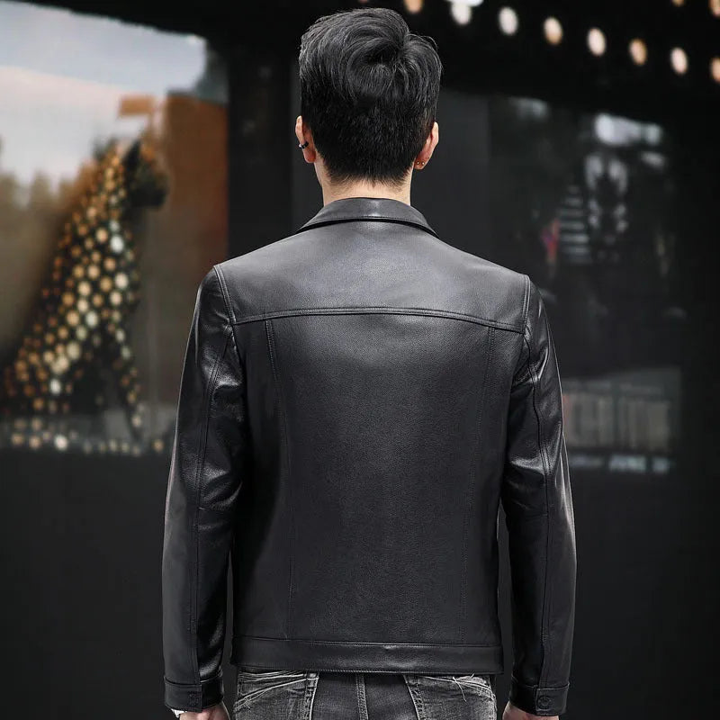 Men's black first layer cowhide leather jacket with polo collar, front view, on display