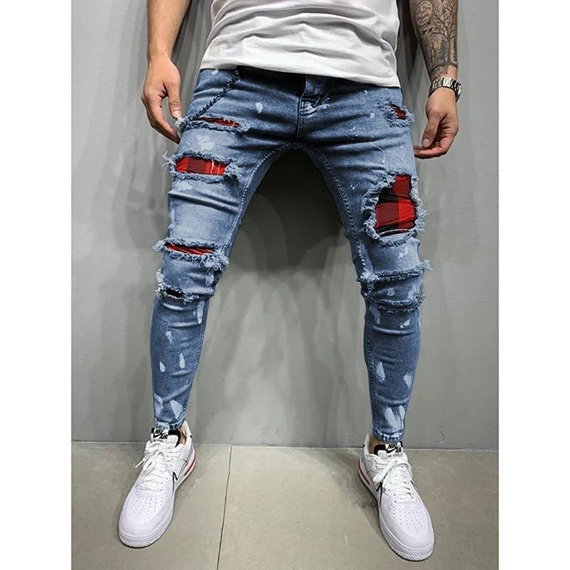 Men's cotton paint jeans in black, straight-leg style for casual or artistic use