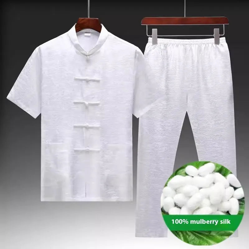 Traditional Chinese mulberry silk Tang suit for middle-aged men in light green colour