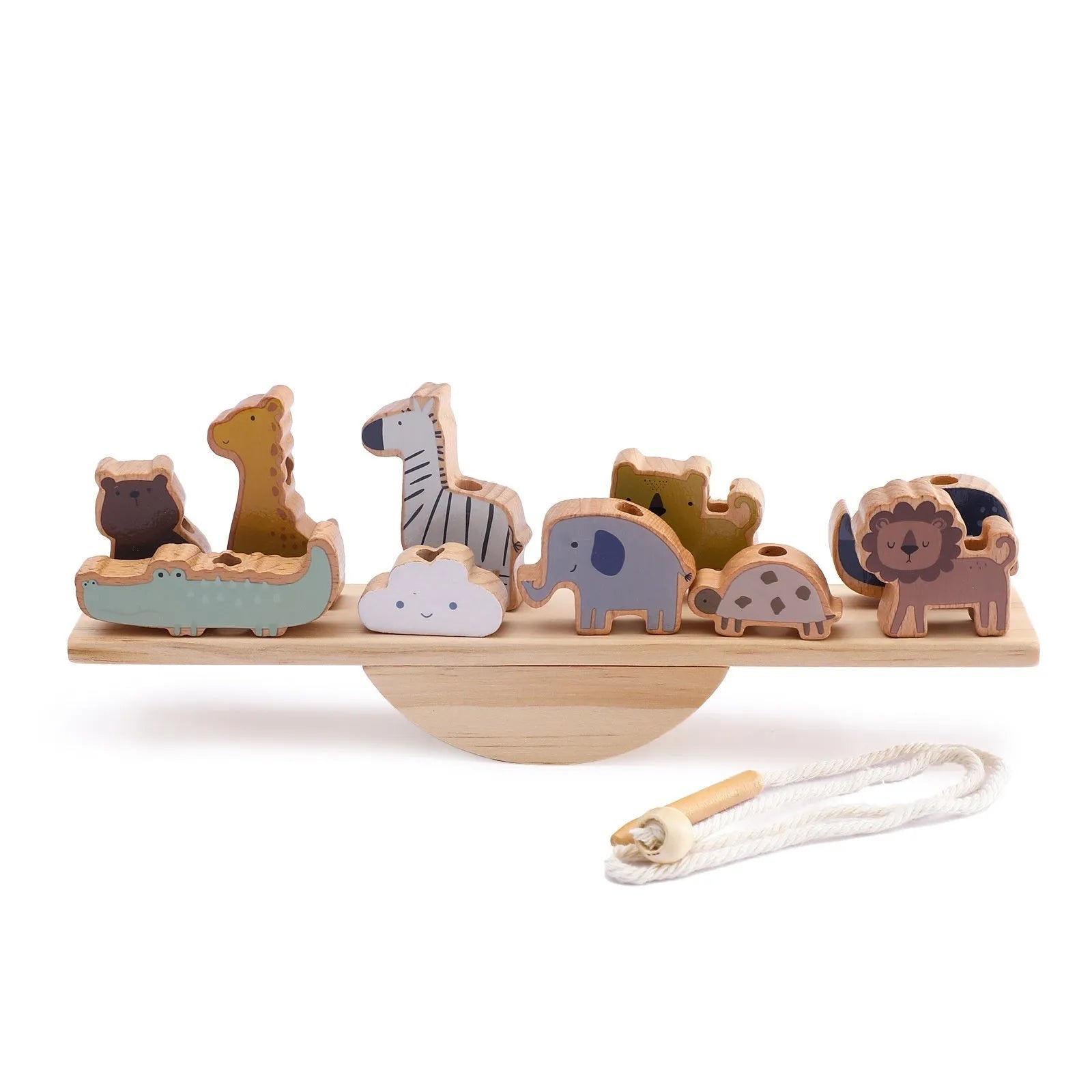 Children's solid wood forest balance seesaw toy set with coloured building blocks and threading animal figures