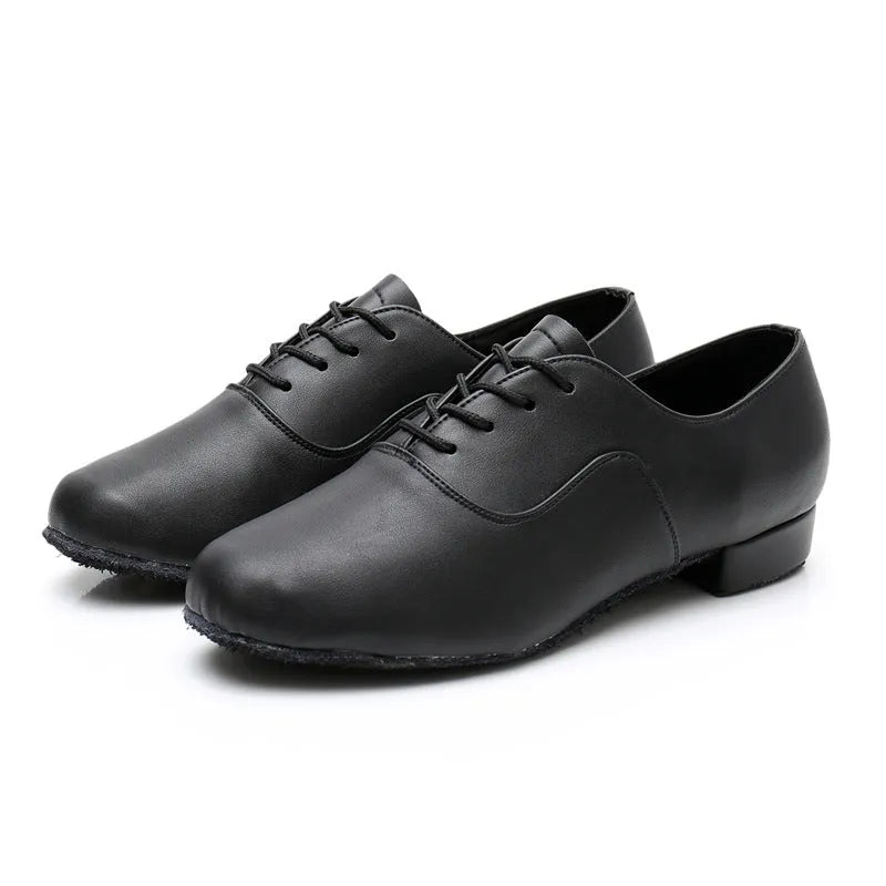 Men's black indoor dancing shoes with a synthetic leather upper and calf leather sole.