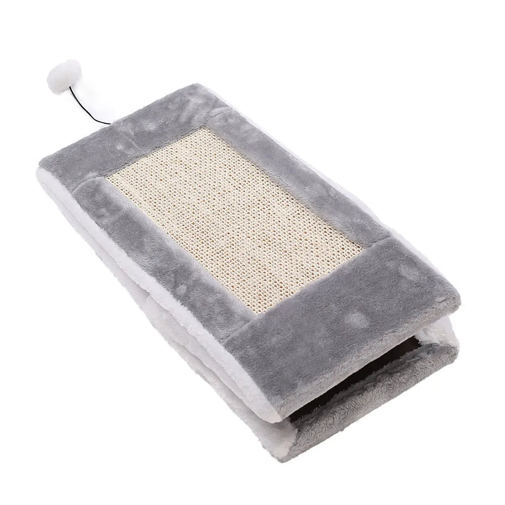 Grey and white triangle-shaped cat nest bed with an integrated sisal scratching post on the side.