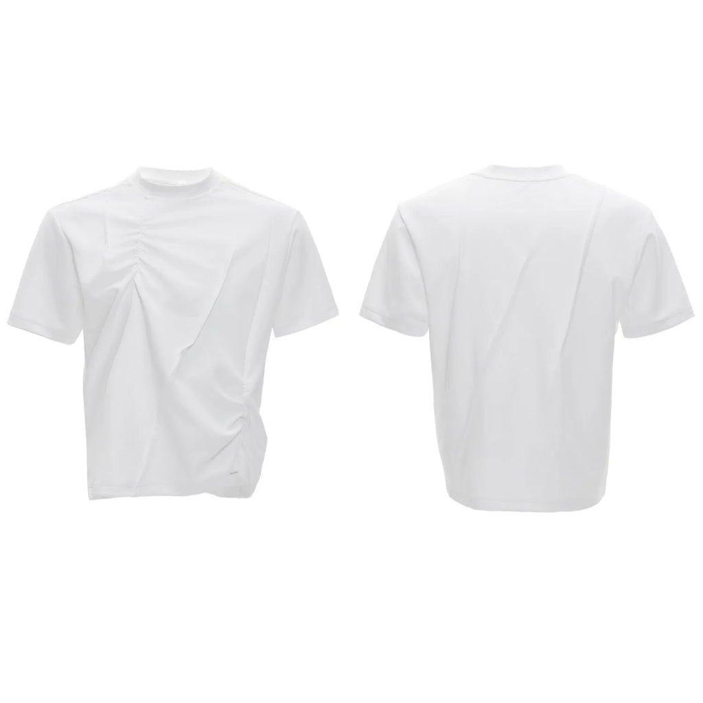 Men's grey cotton T-shirt with pleated detail and a round neck on a hanger.