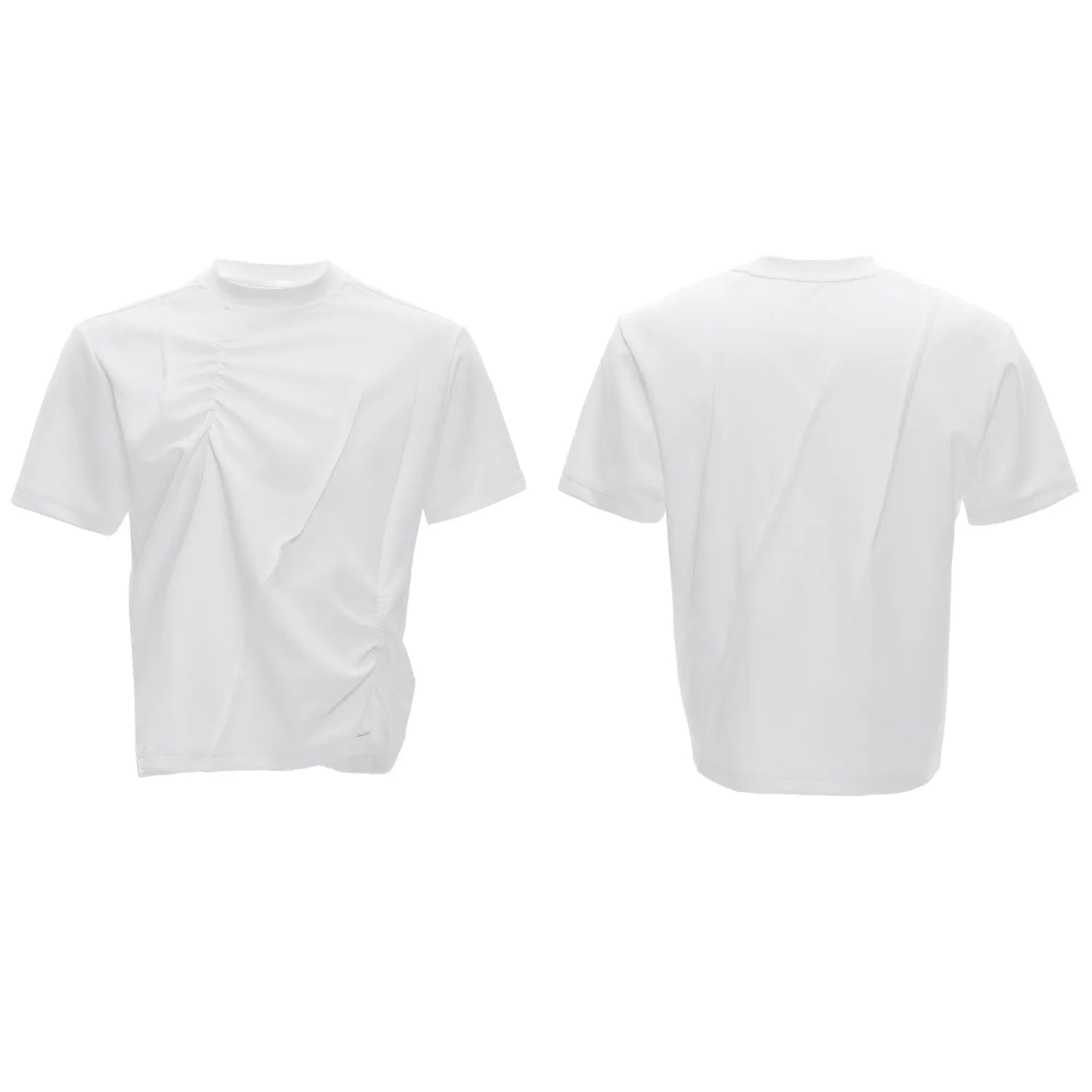 Men's grey cotton T-shirt with pleated detail and a round neck on a hanger.