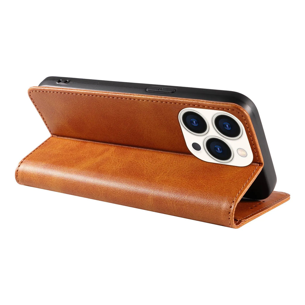 Faux leather magnetic flip phone case in brown with built-in bracket, compatible with iPhone