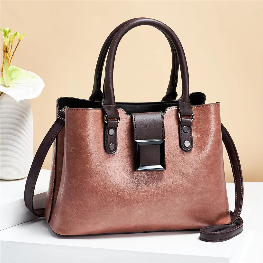 Large vertical square women shoulder bag with lychee pattern PU and gold-toned buckle in red
