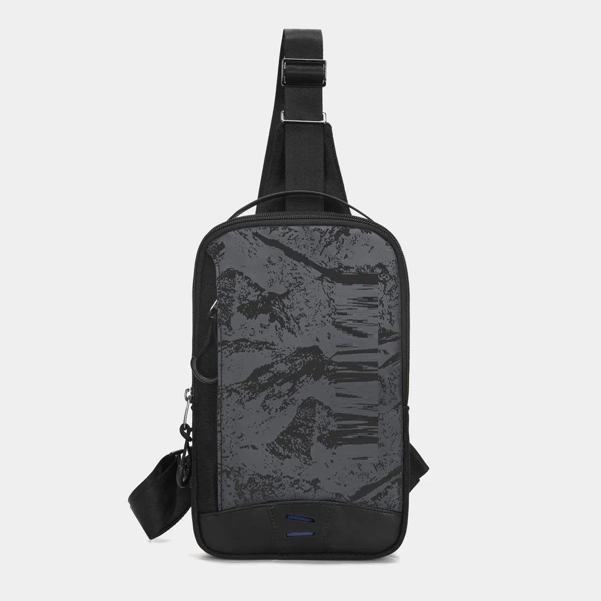 Casual black TPU chest pack with landscape pattern, soft handle, and single shoulder strap showing internal mobile phone pocket