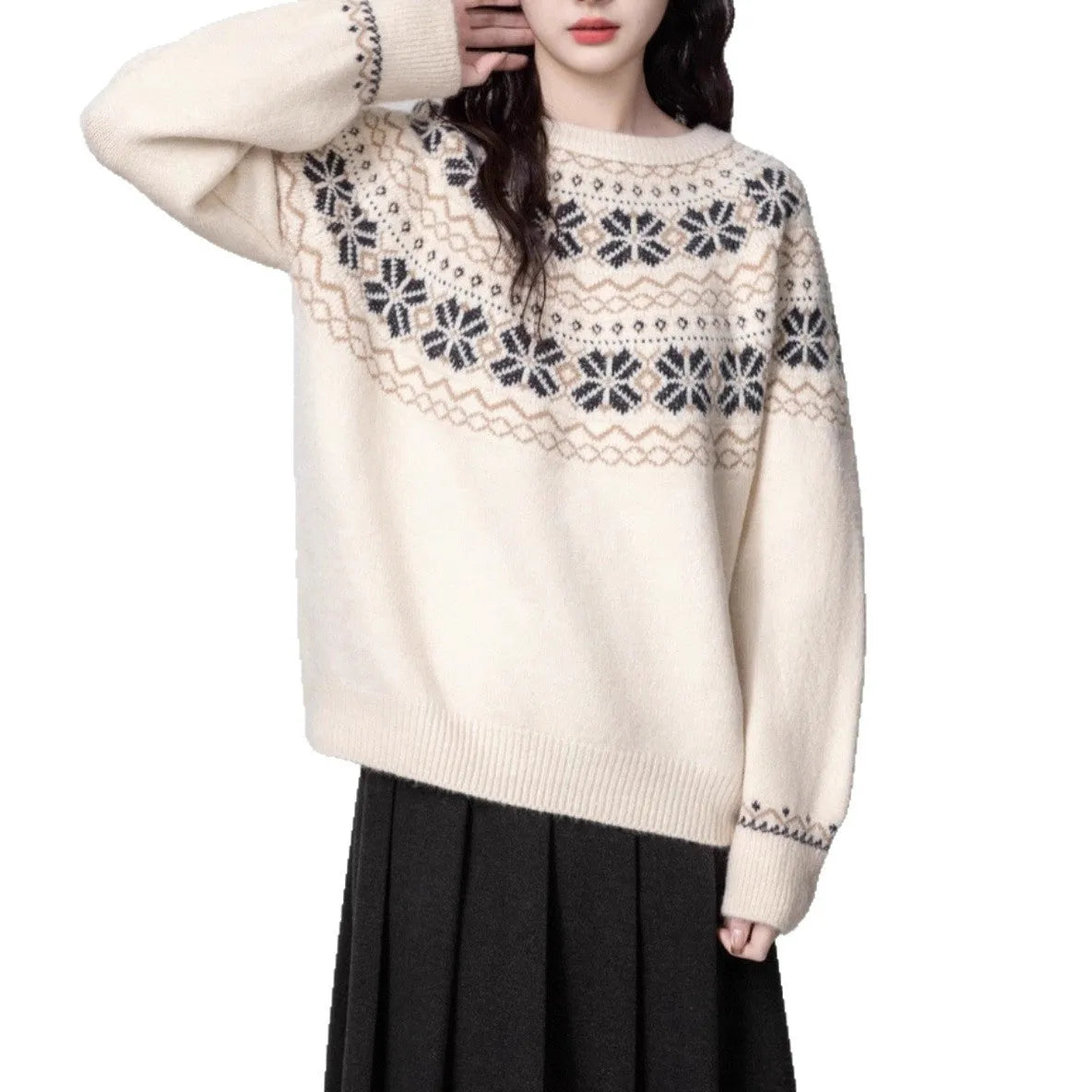 Women's milky white vintage fair isle geometric knit pullover sweater with crew neck and long sleeves