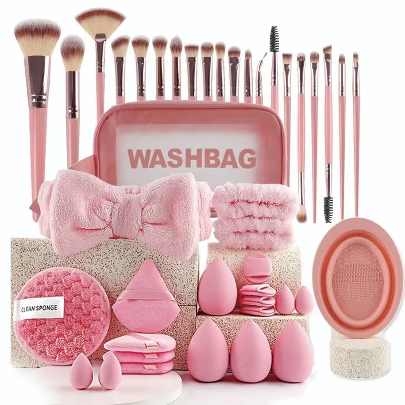 Hydrophilic non-latex beauty brush set with face washing and makeup application tools in brown, pink, or purple colours