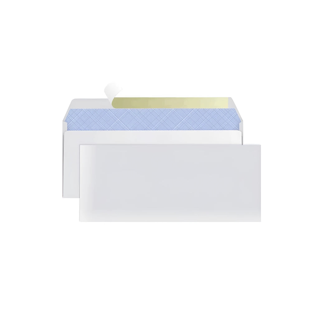 Blue confidential security envelope with self-adhesive flap, showing dimensions 105mm by 240mm.