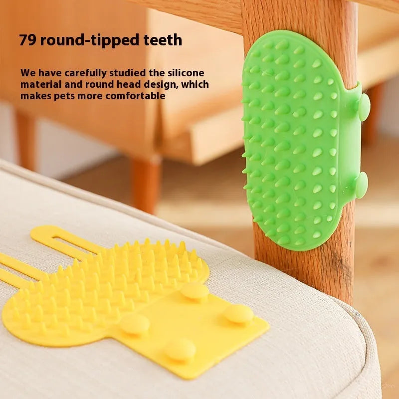 Silicone pet massage comb with adjustable strap attached to table leg