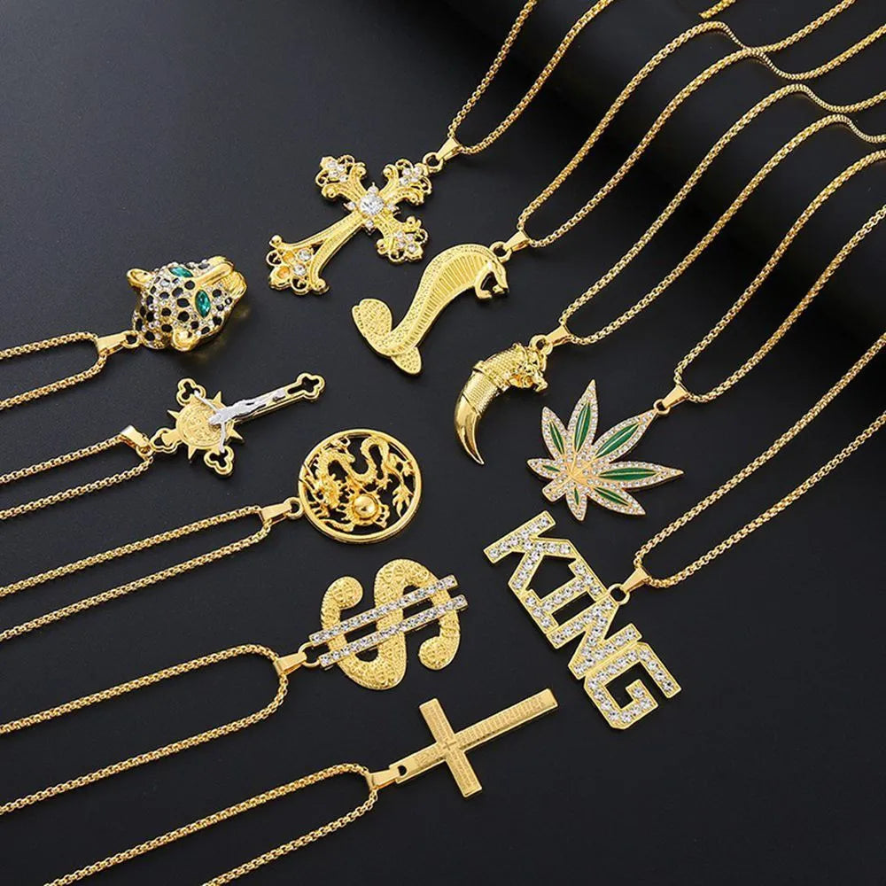 Geometric shaped gold-colour alloy pendant necklace with a sparkling zircon stone inlay on a chain.