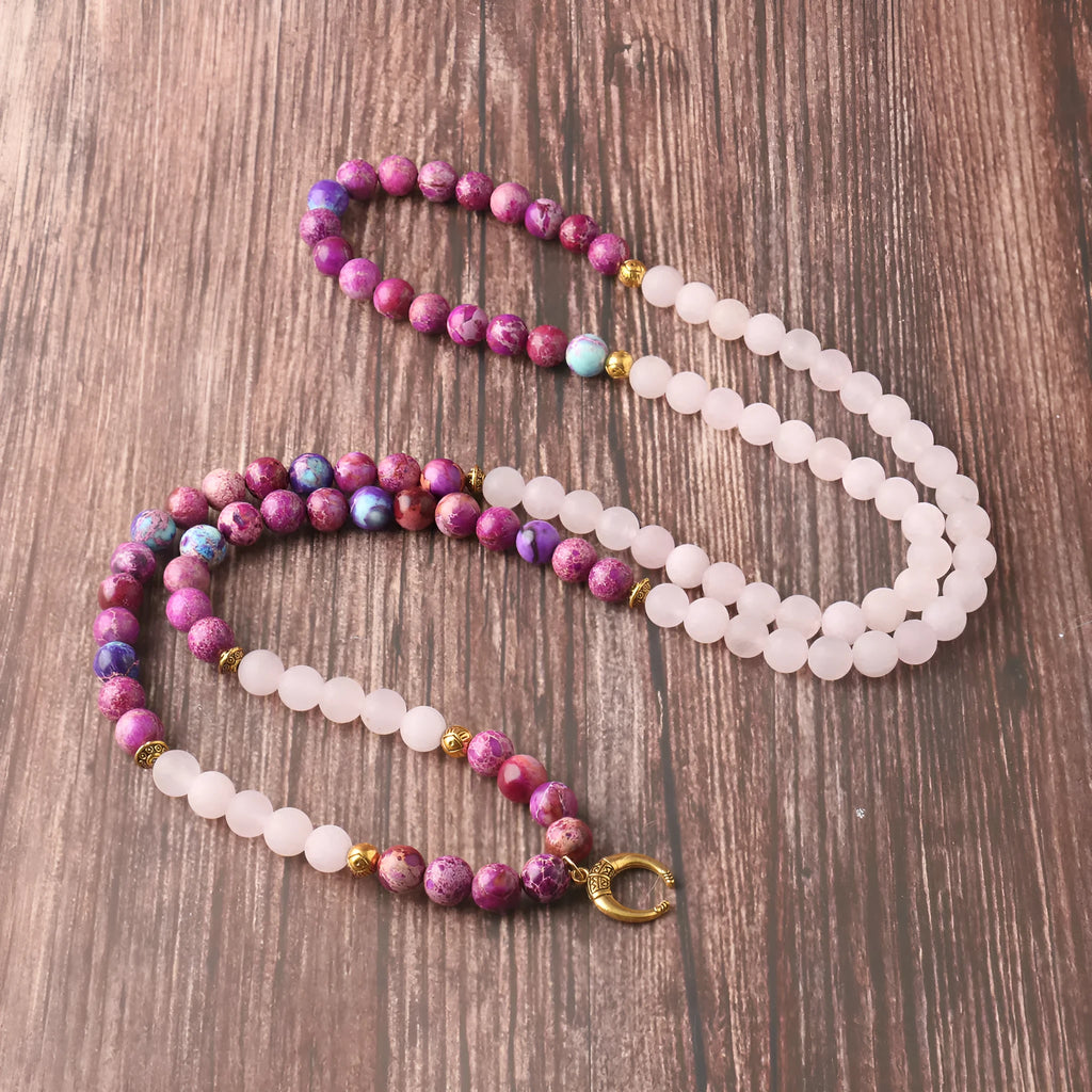 Round pink crystal and Emperor Stone beads pendant necklace on model