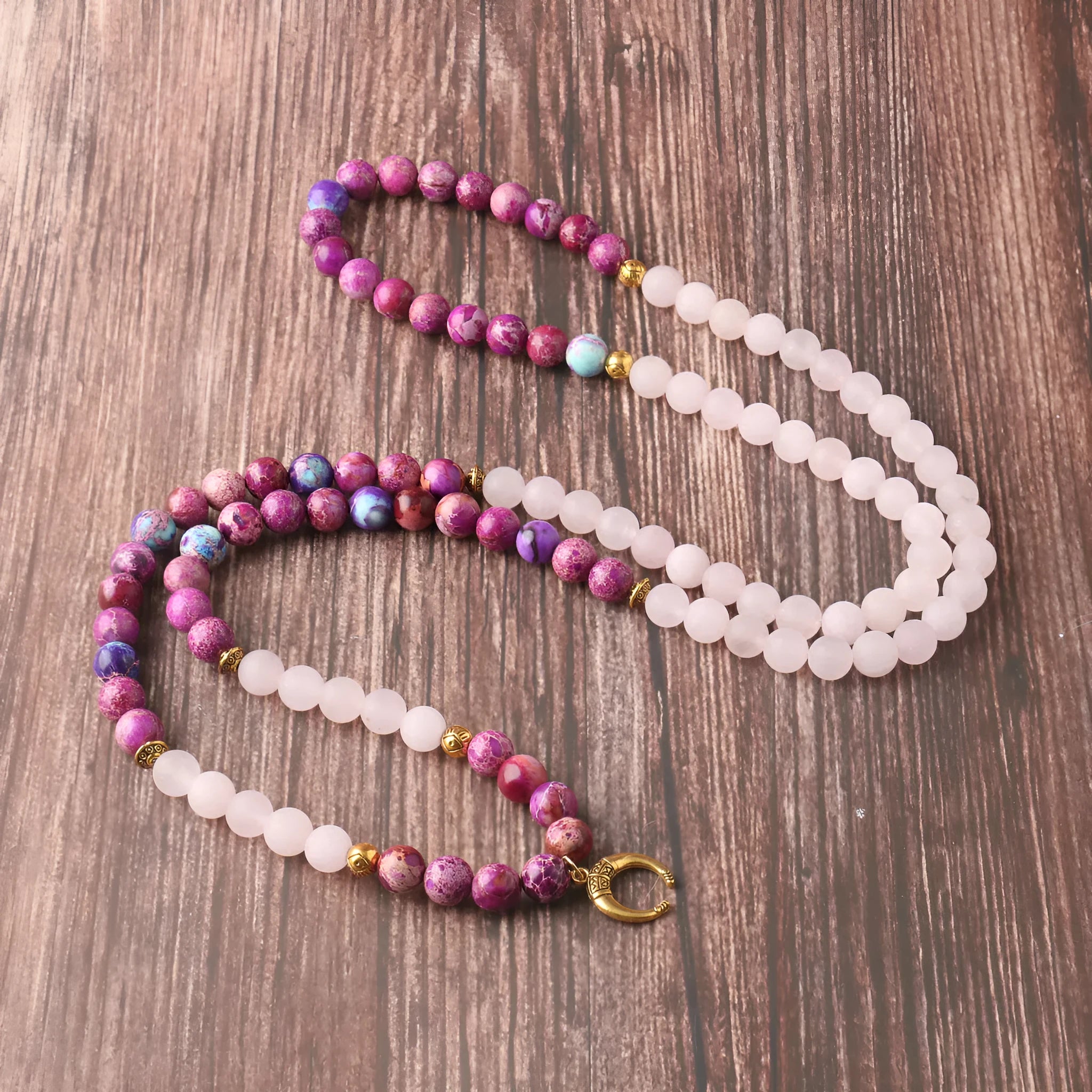 Round pink crystal and Emperor Stone beads pendant necklace on model