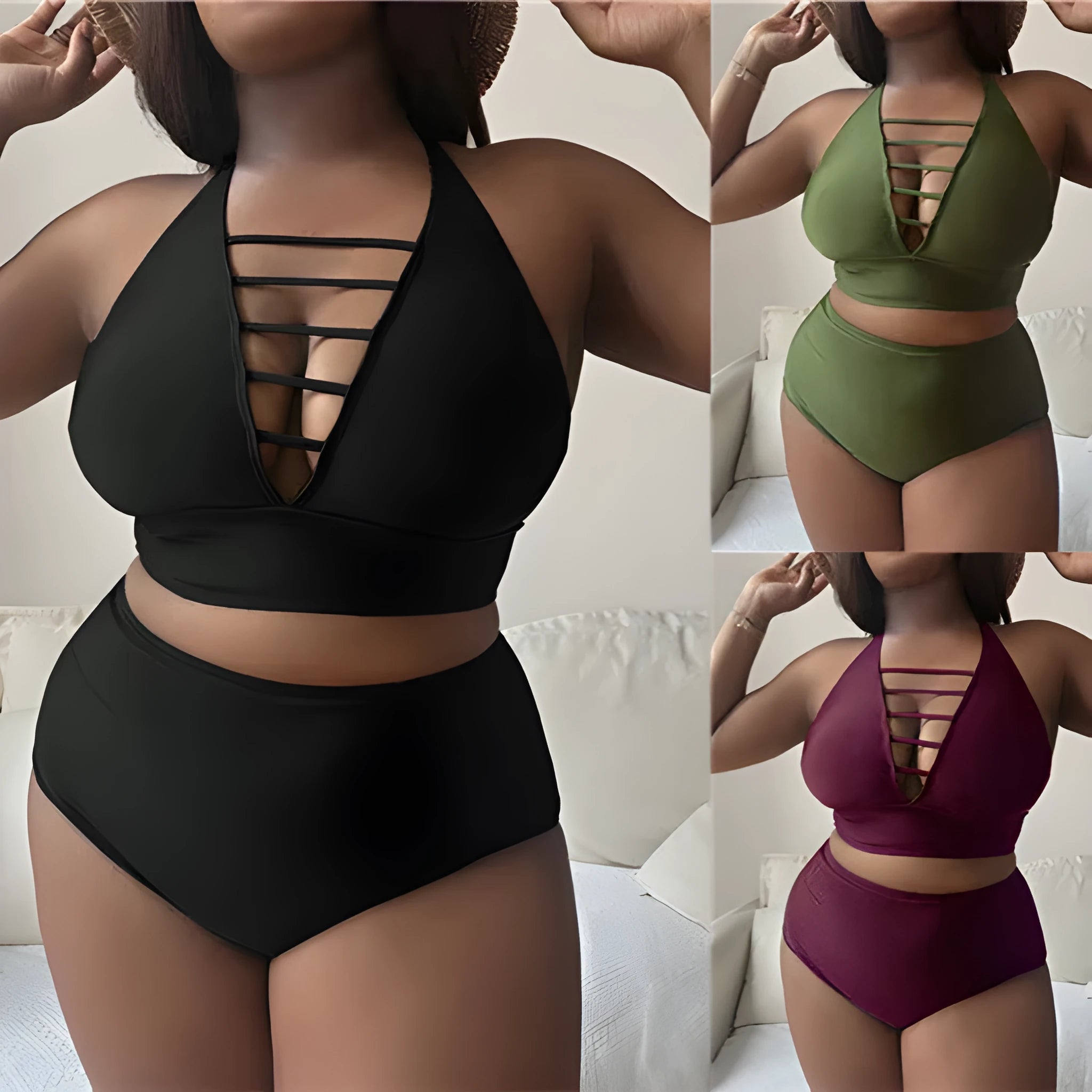 Plus size halter bikini with cross shoulder straps in black, green, or wine red