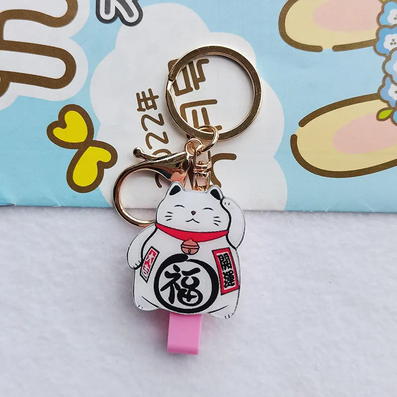 Cartoon lucky cat design plastic certificate sleeve and matching ferrule pendant set.