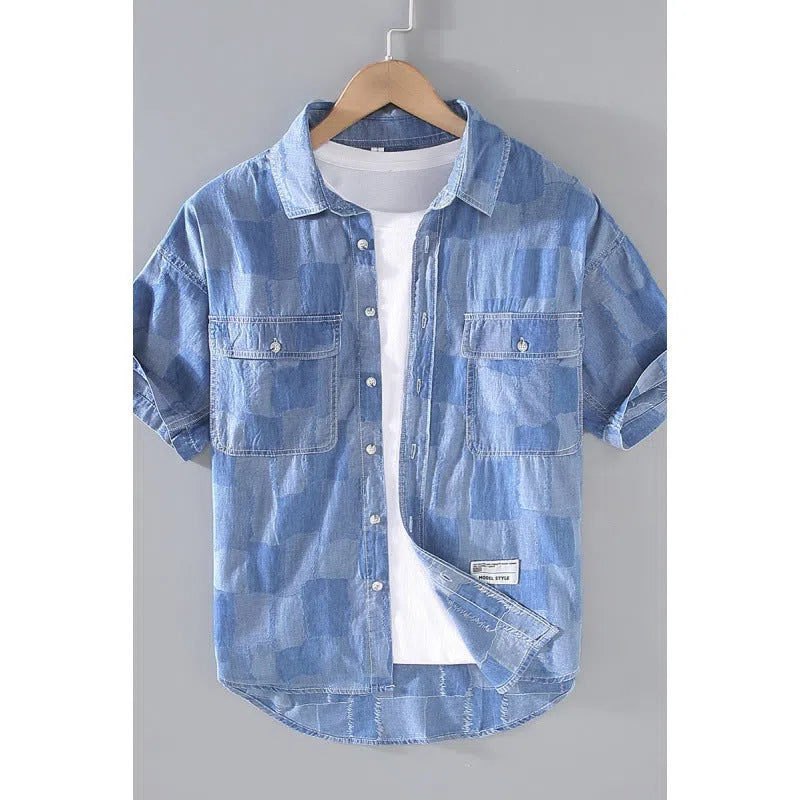 Men's light blue denim print cotton cardigan shirt, short sleeves, loose fit, front view