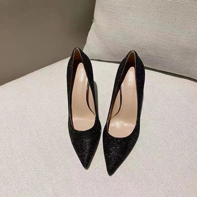 Women's crystal bridal shoes in silver and black with stiletto heels