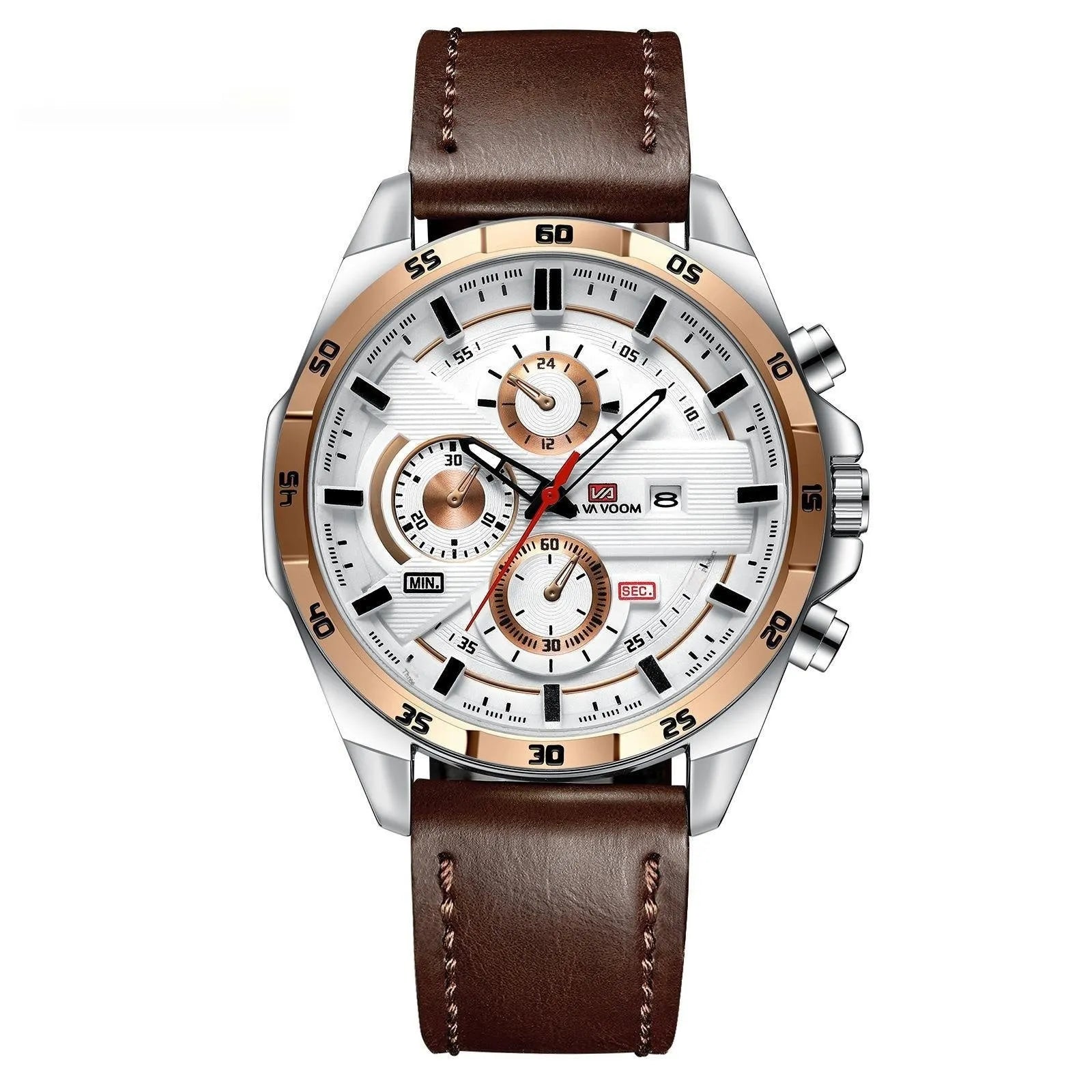 Men's waterproof quartz watch with calendar display and decorative metal casing