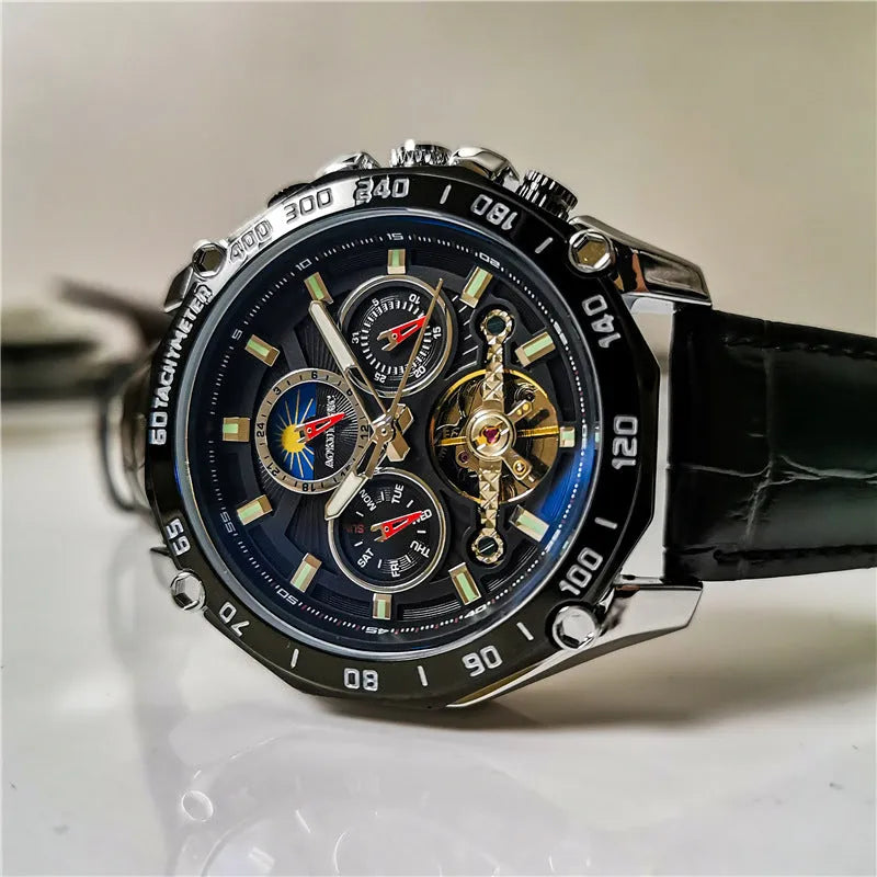 Men's automatic mechanical watch showing 12mm thickness and multiple colour options including silver, black steel, and black with gold
