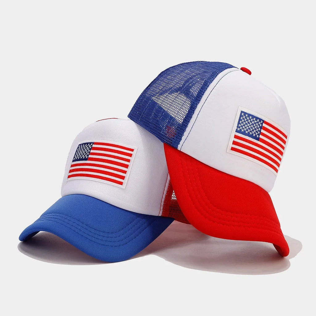 Red and blue Space Cotton mesh baseball cap with adjustable sizing and dome crown