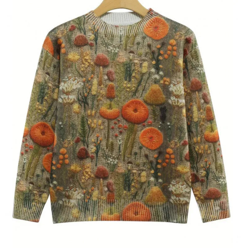 Little flower digital print on a round neck polyester sweater, shown on a hanger.