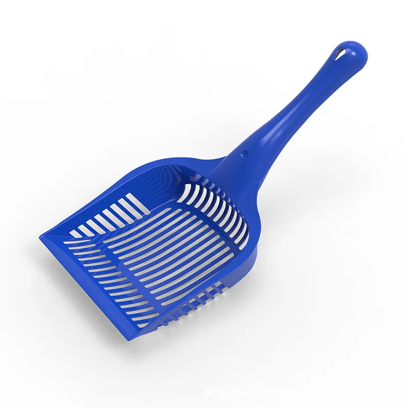 Red, yellow, and blue plastic cat litter scoops in small and medium sizes for pet toilet cleaning