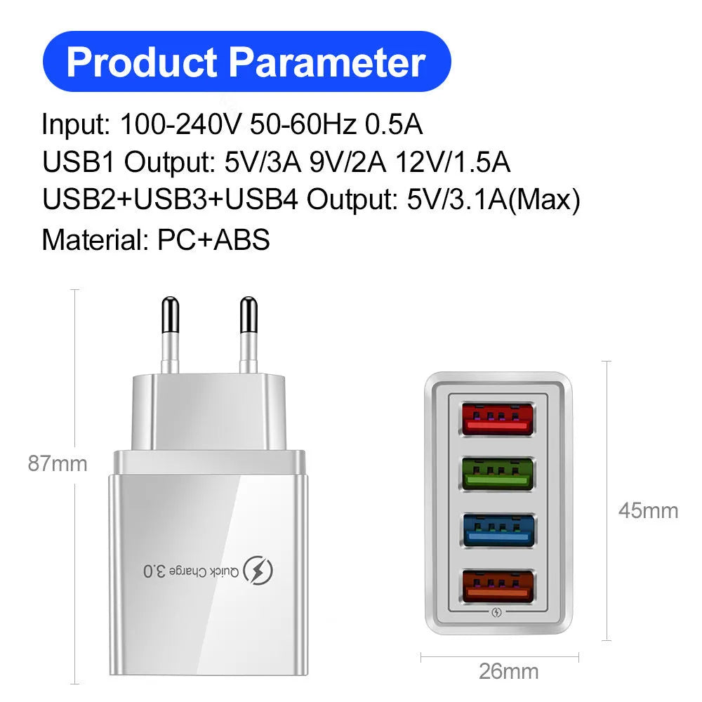 Multi-port USB charging head with four ports, PC+ABS housing in black, white, and blue options