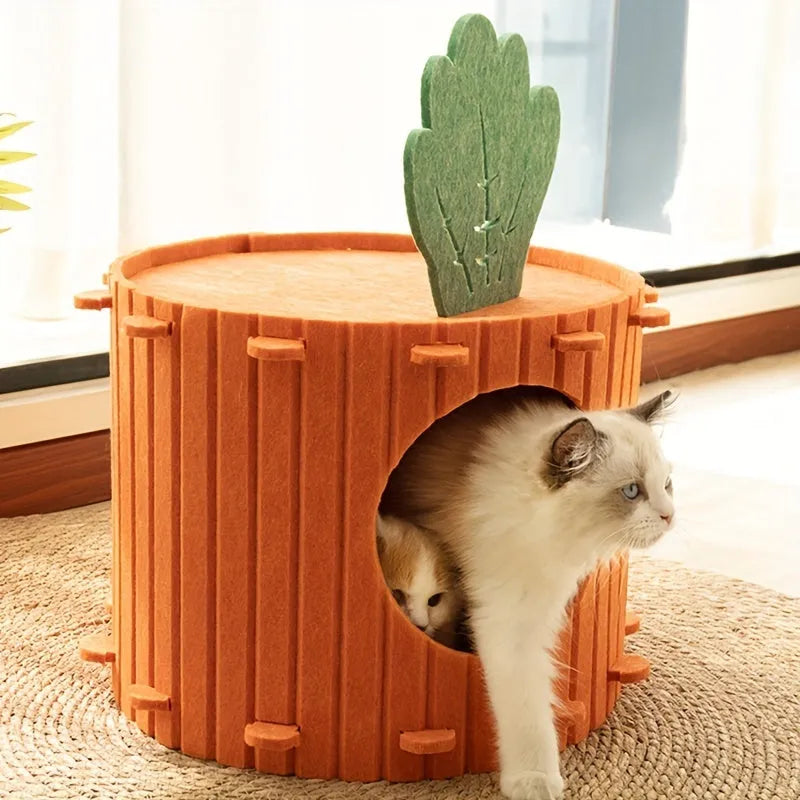 Carrot-shaped felt cat tunnel nest with semi-enclosed drilled design in various colours