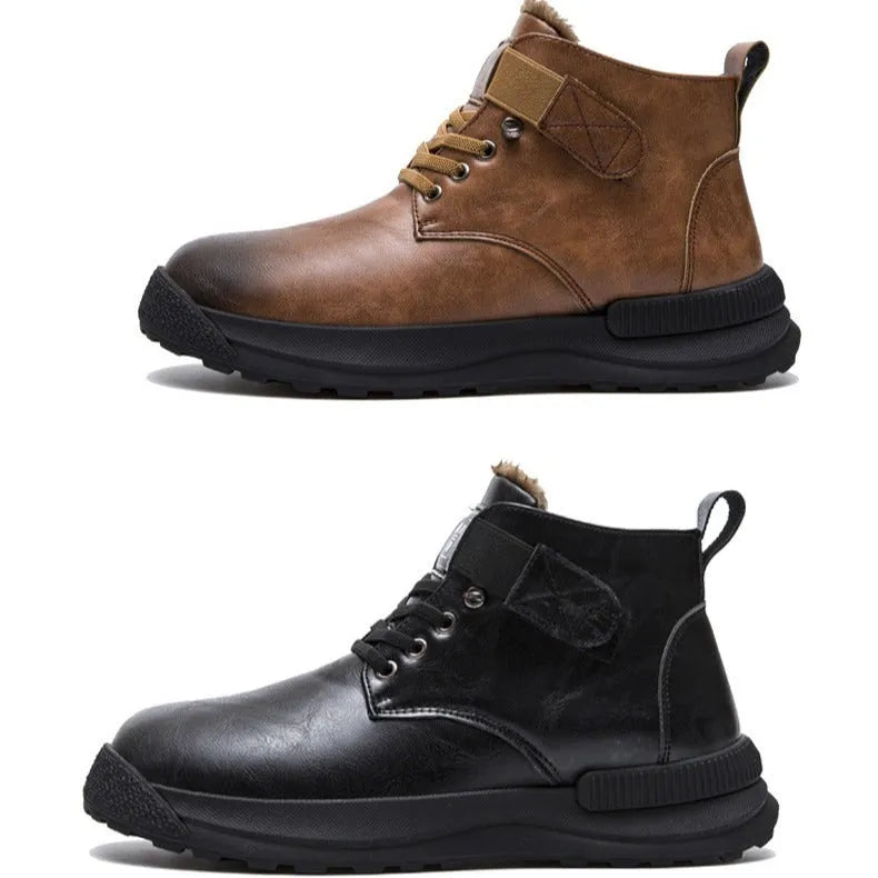 Men's black high-top platform Martin boots with a velvet finish and rubber sole.
