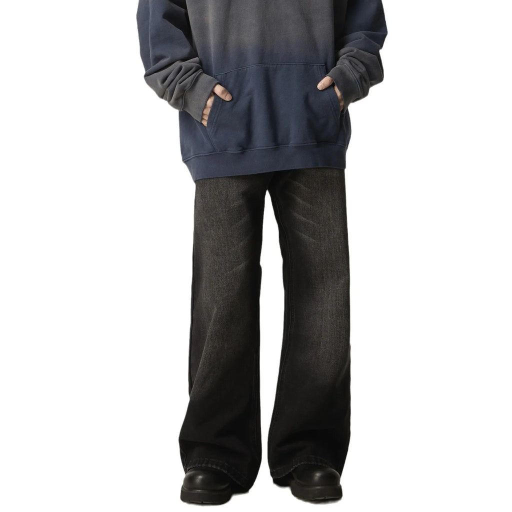 Black loose straight leg men's jeans with retro styling and zipper fly