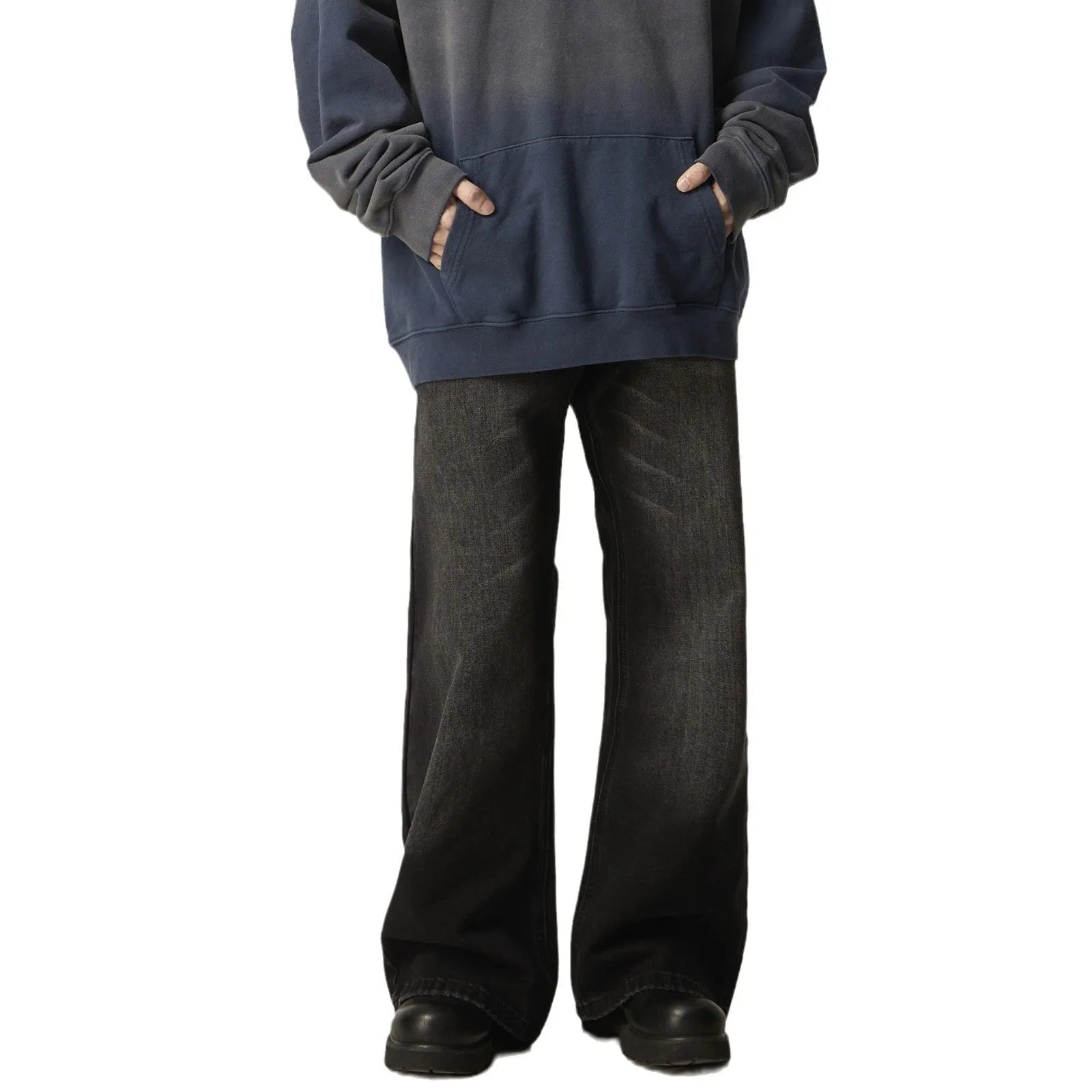Black loose straight leg men's jeans with retro styling and zipper fly