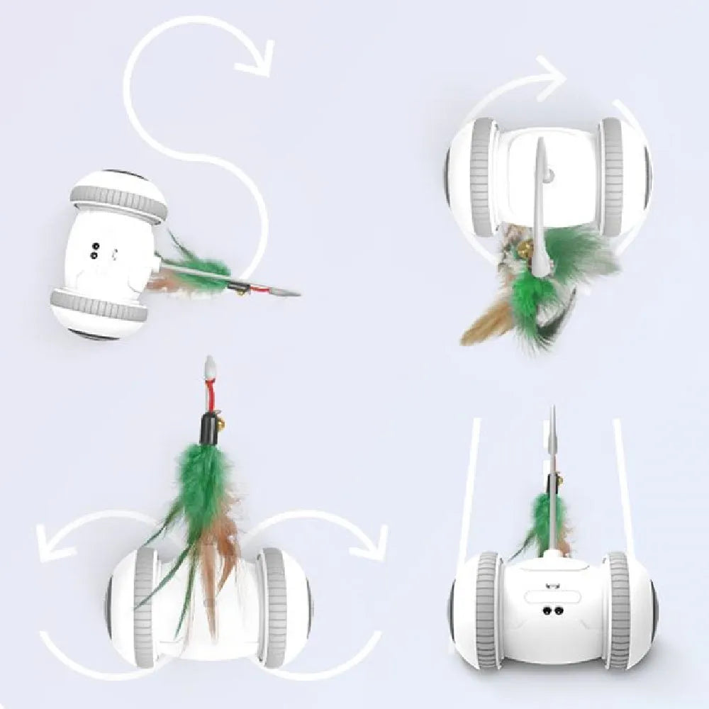 Interactive cat toy with interchangeable heads, white grey, USB powered, 11.5x7x18cm
