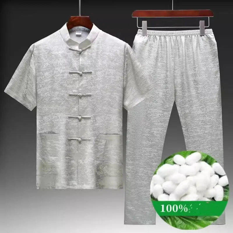 Traditional Chinese mulberry silk Tang suit for middle-aged men in light green colour