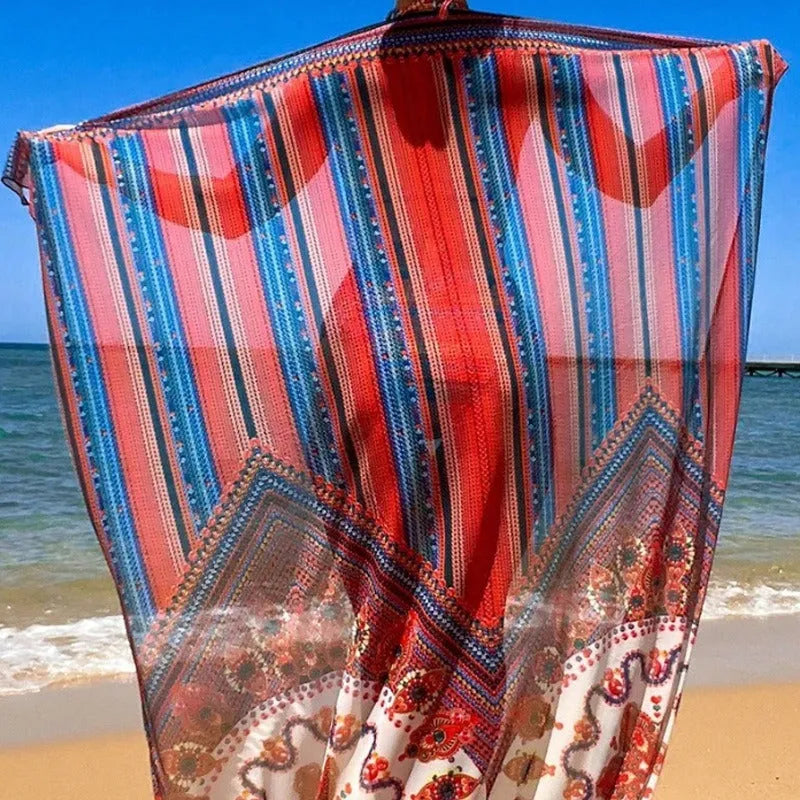 Women's three-piece swimsuit set showing sleeveless cutout blouse, high-waisted briefs, and matching coat
