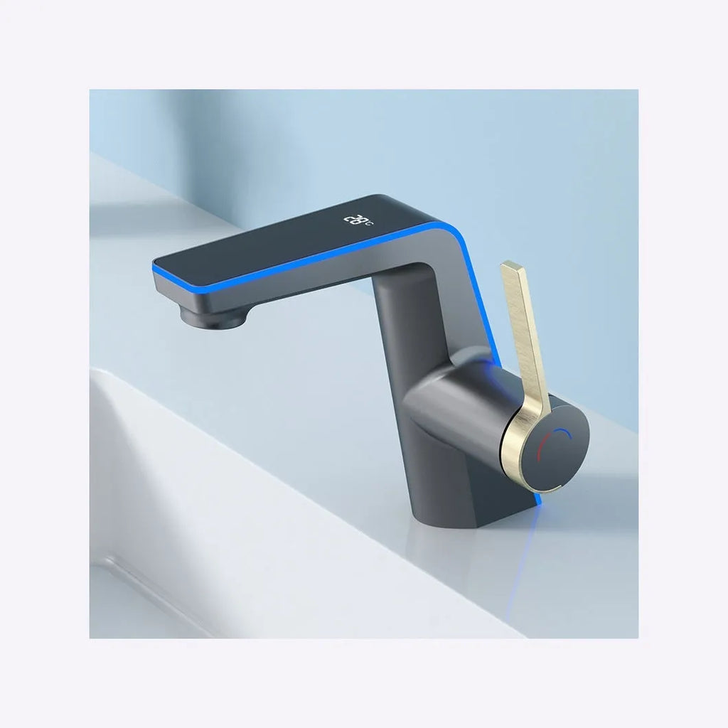 Intelligent digital display basin faucet with tropical ambience light in gun gray zinc alloy with 80cm inlet pipe