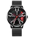 Locomotive men's quartz watch with hollow car wheel dial, black steel case, and white steel band on a wrist.