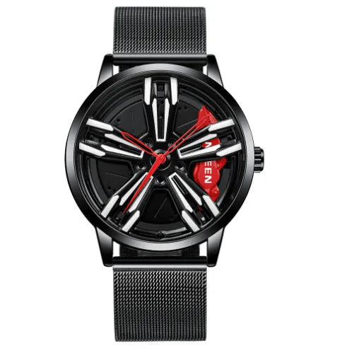 Locomotive men's quartz watch with hollow car wheel dial, black steel case, and white steel band on a wrist.