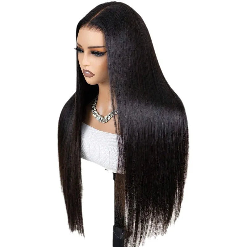 Black straight human hair lace front wig showing 13x6 inch base and long hair length