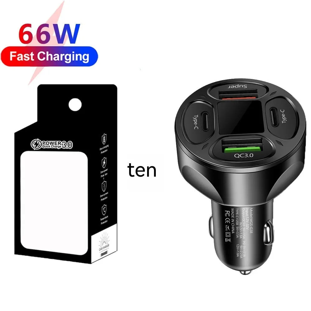 66W digital display car charger with two USB and two Type-C ports on a black background