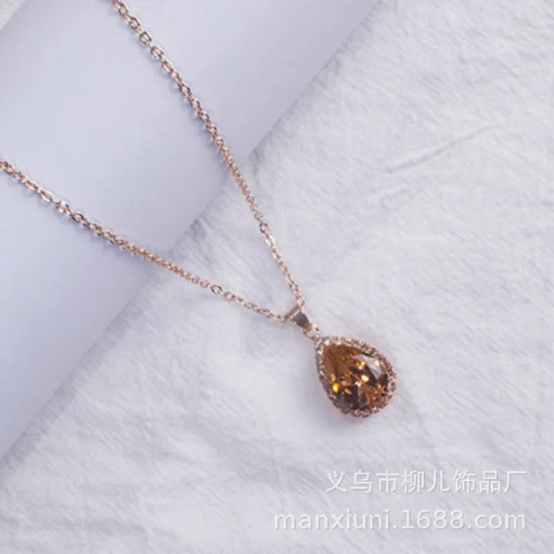Rose gold drop necklace with rhinestone pendant in pink colour, geometric Japanese Korean style women's jewellery