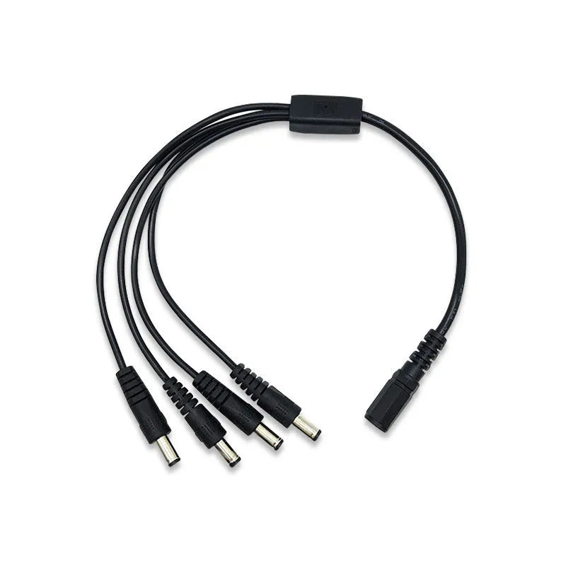 Black 12V DC 4-way power splitter cable with 5.5mm connectors for CCTV camera systems