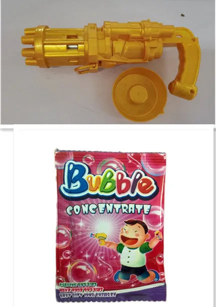 Realistic pink bubble machine gun toy for kids on a green lawn.